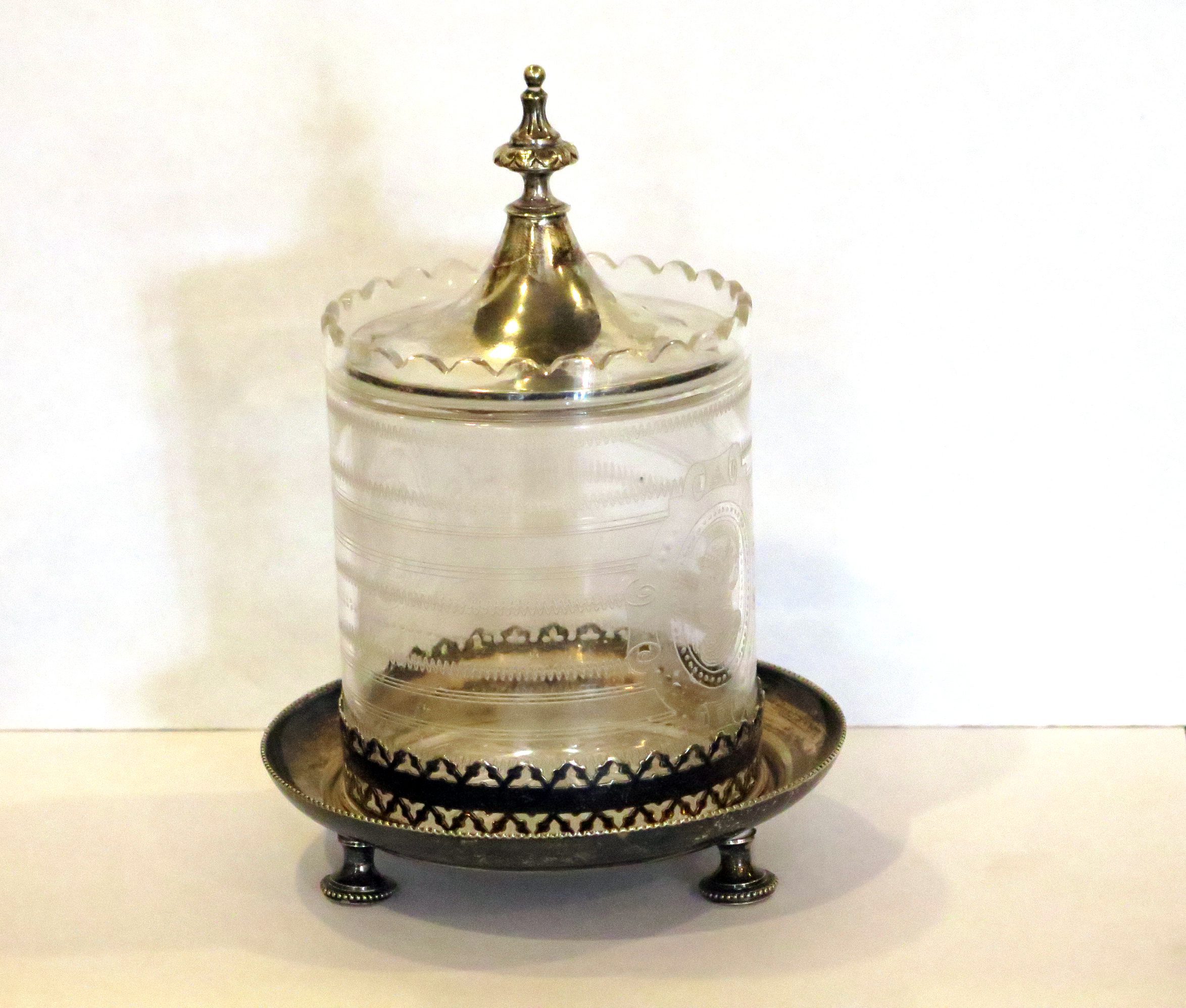 Silver Plate Etched Glass Biscuit Barrel