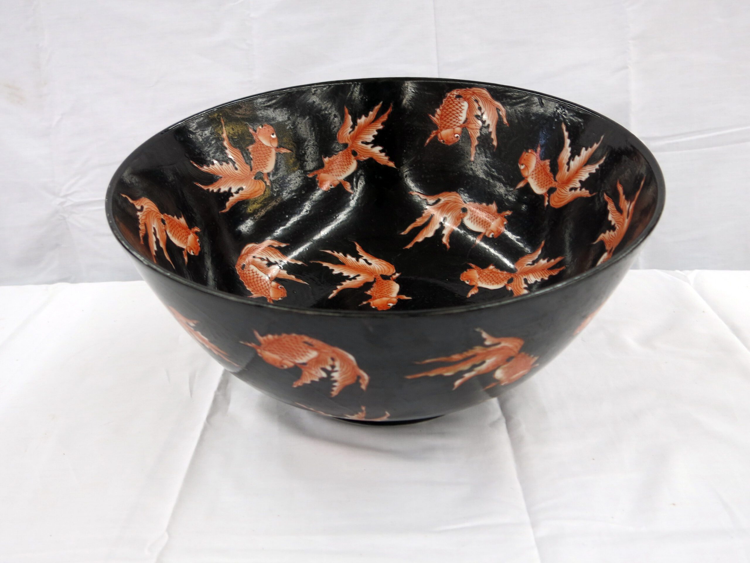 Large Black Chinese Porcelain Bowl with Koi