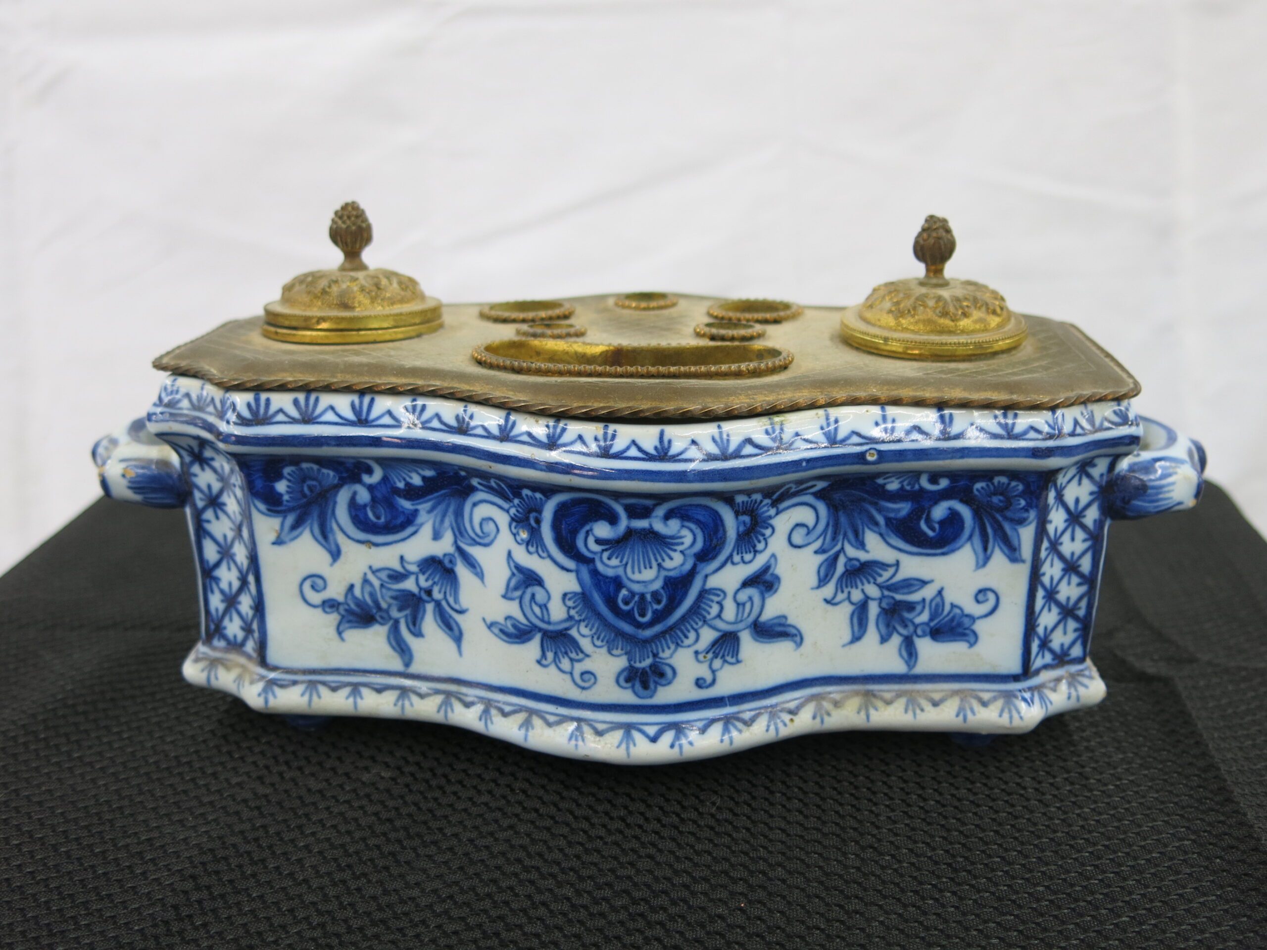 19th Century Delft Blue and White Earthenware and Brass Inkwell