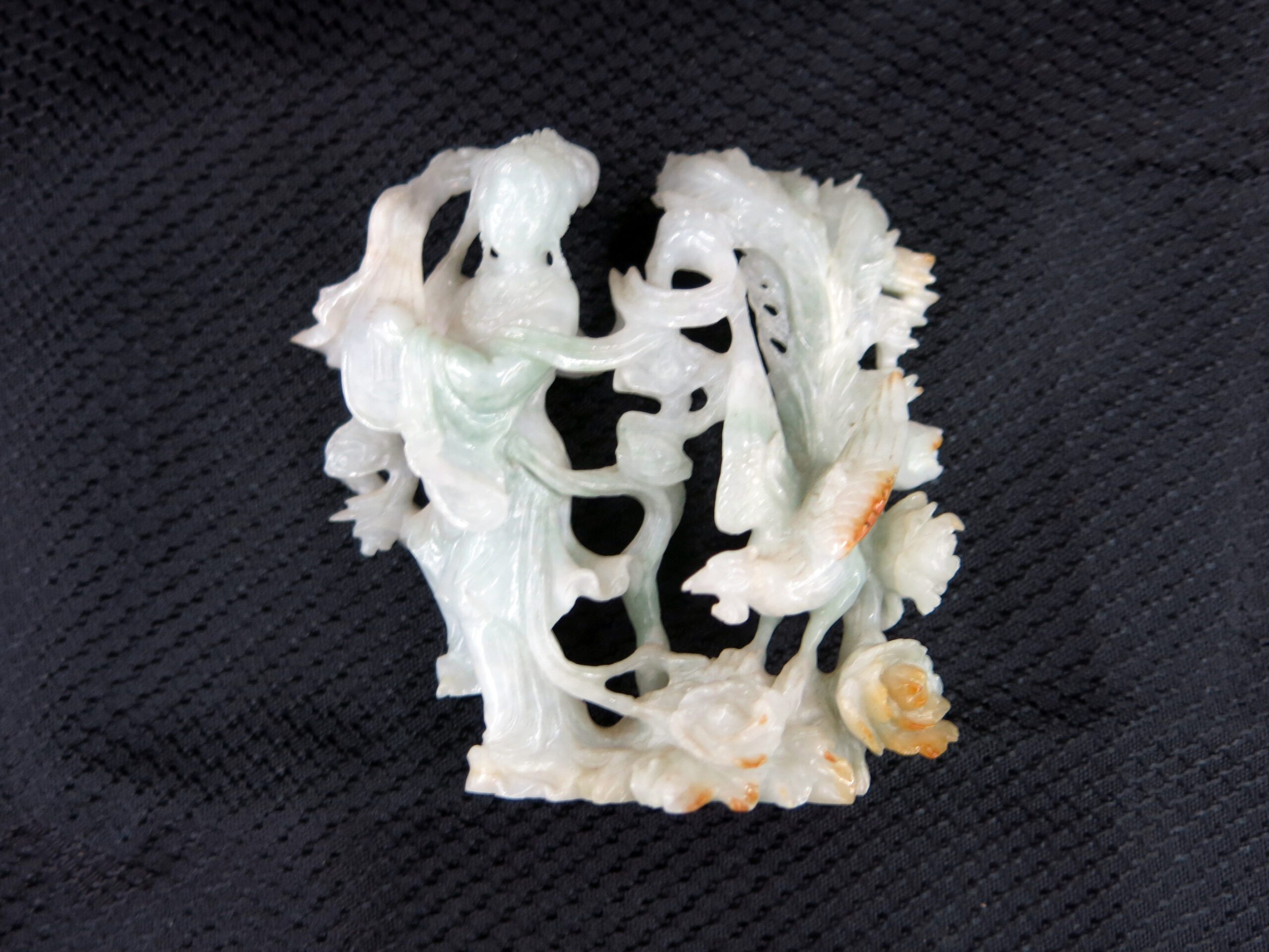 20th Century Carved White Jadeite Woman and Phoenix