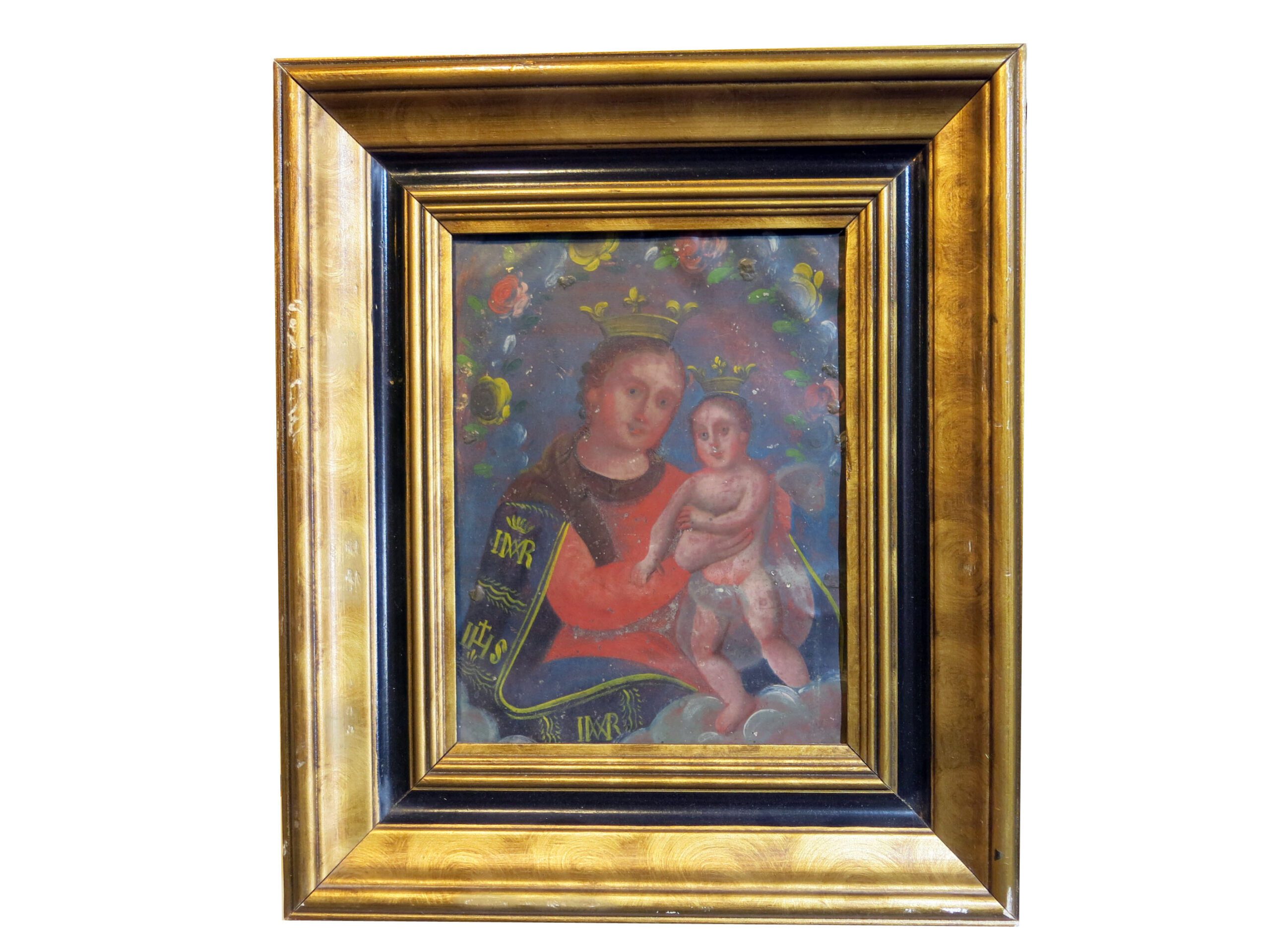 Nuestra Senora del Refugio Virgin Mary with Christ Framed Mexican Tin Retablo