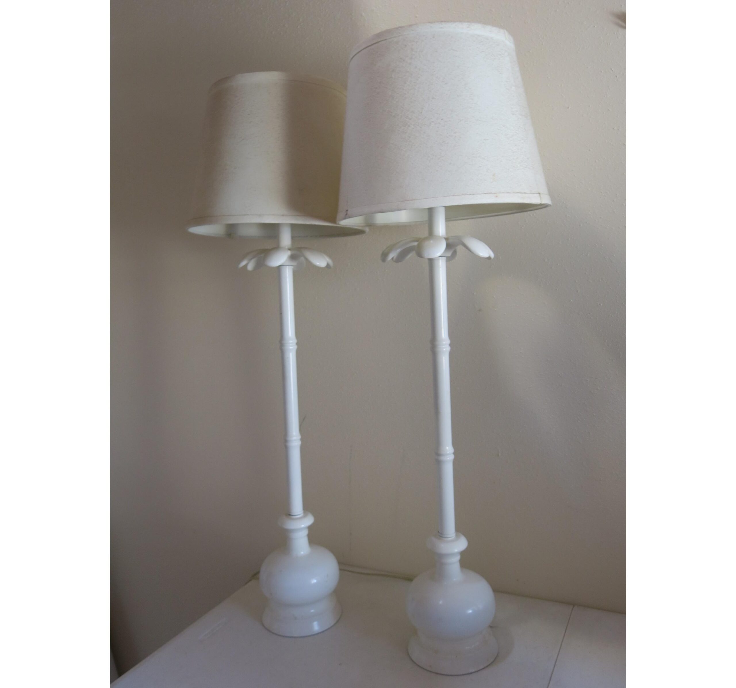 White Porcelain Palm Tree Faux Bamboo Lamp Pair