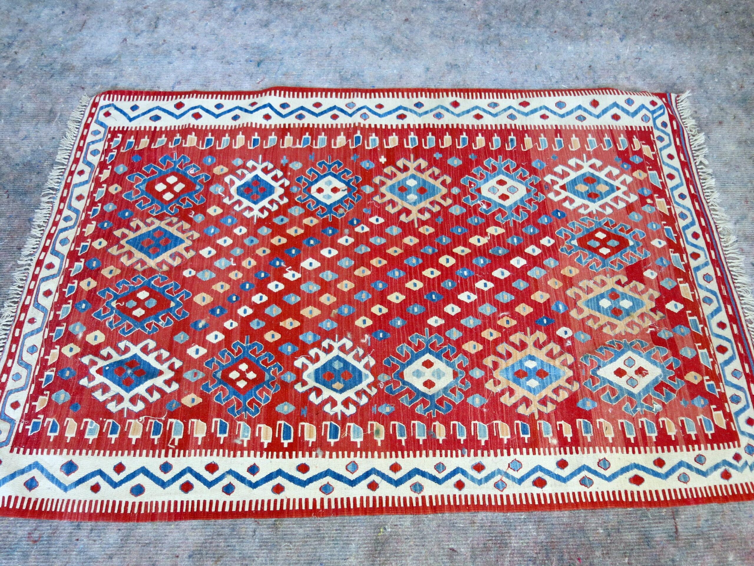 Hand Woven Egyptian Wool Kilim Rug with Zig Zag Border