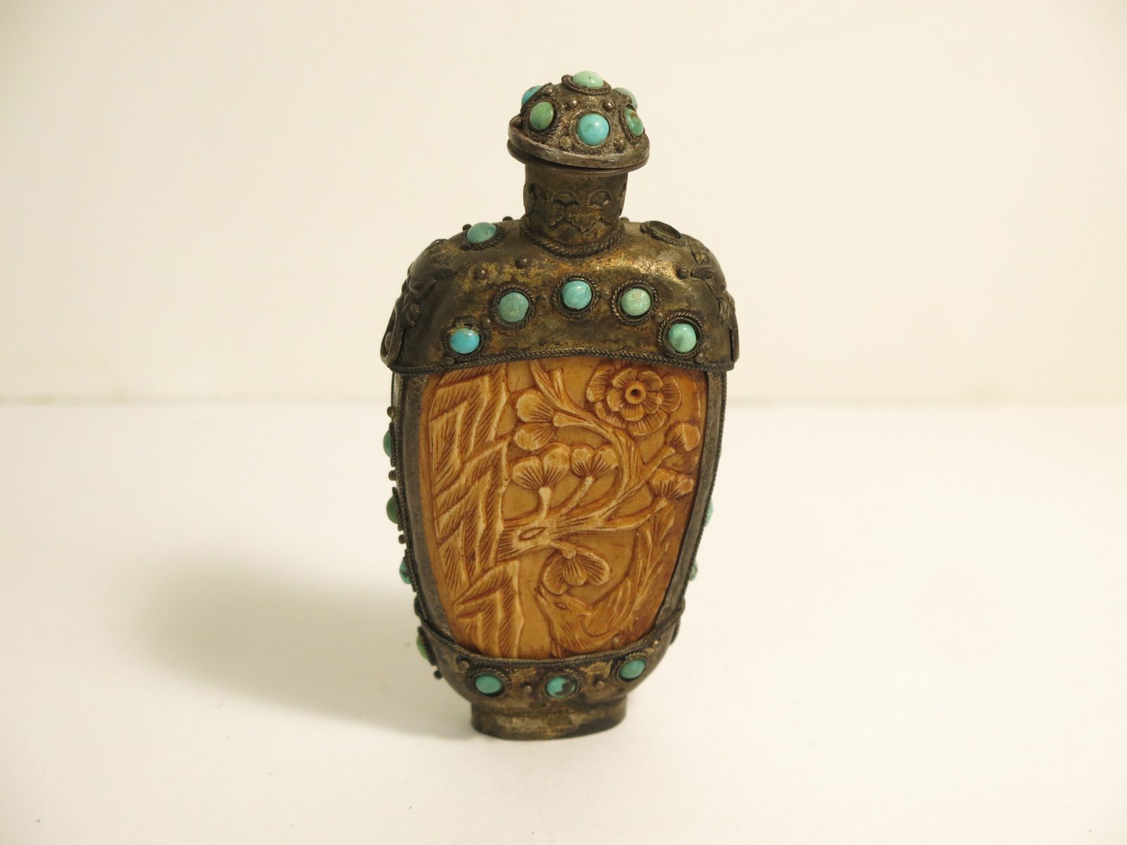 Antique Chinese Brass Carved Wood Turquoise Snuff Bottle