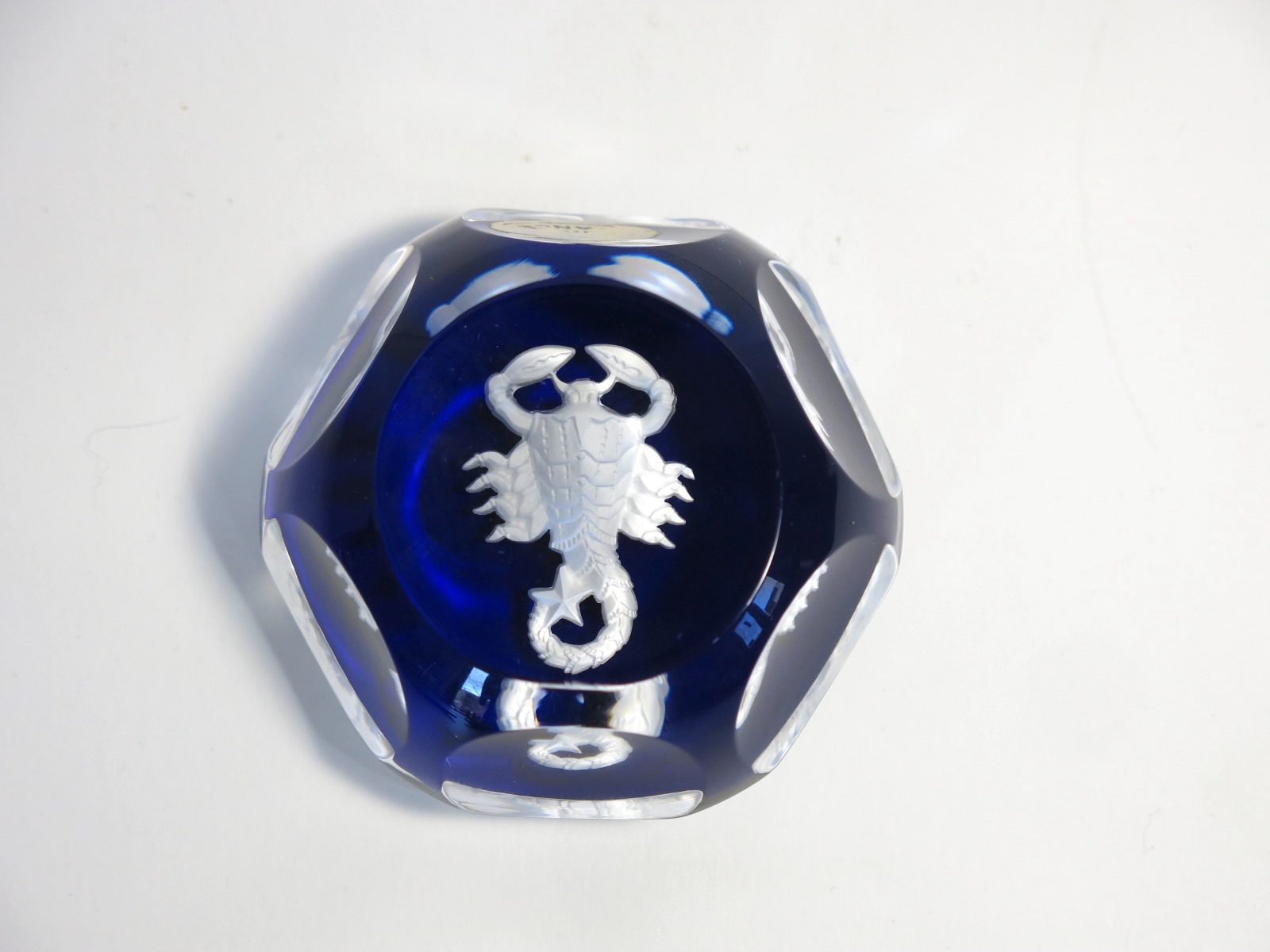 Baccarat Zodiac Scorpion Cameo on Cobalt Faceted Paperweight