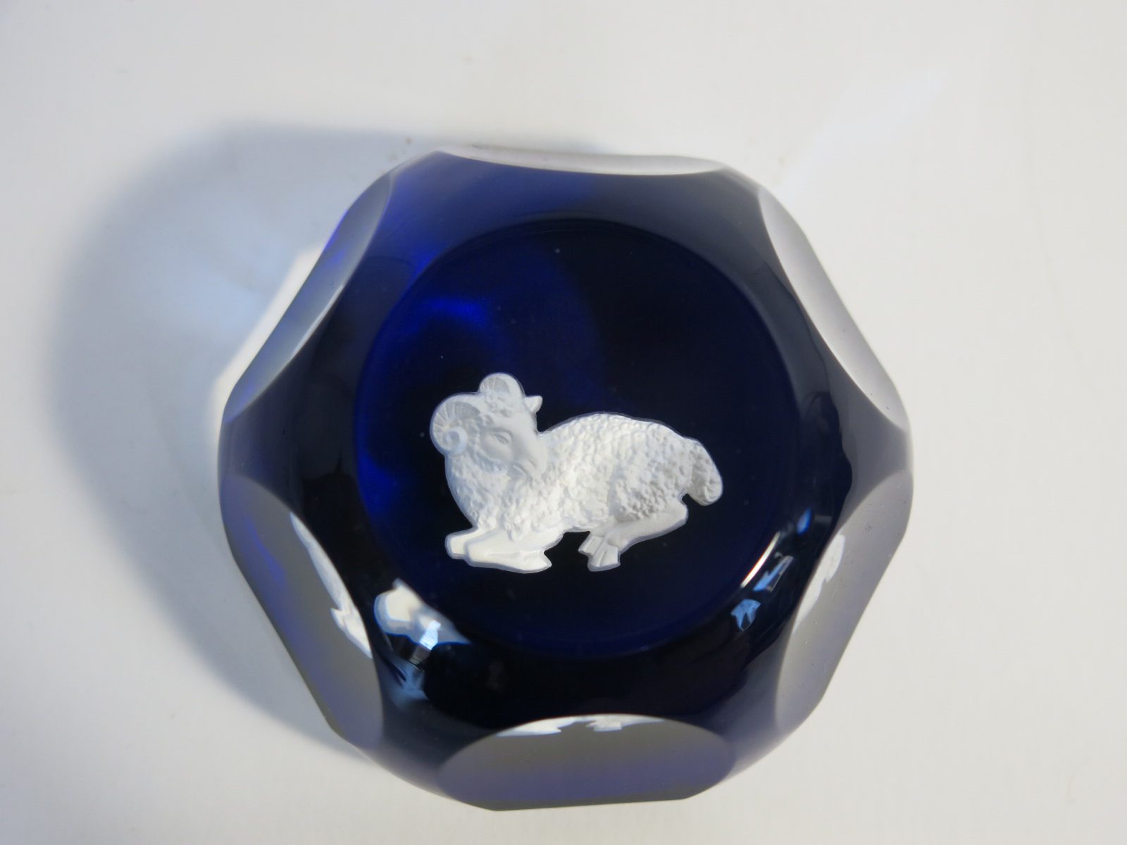 Baccarat Zodiac Ram Cameo on Cobalt Faceted Paperweight