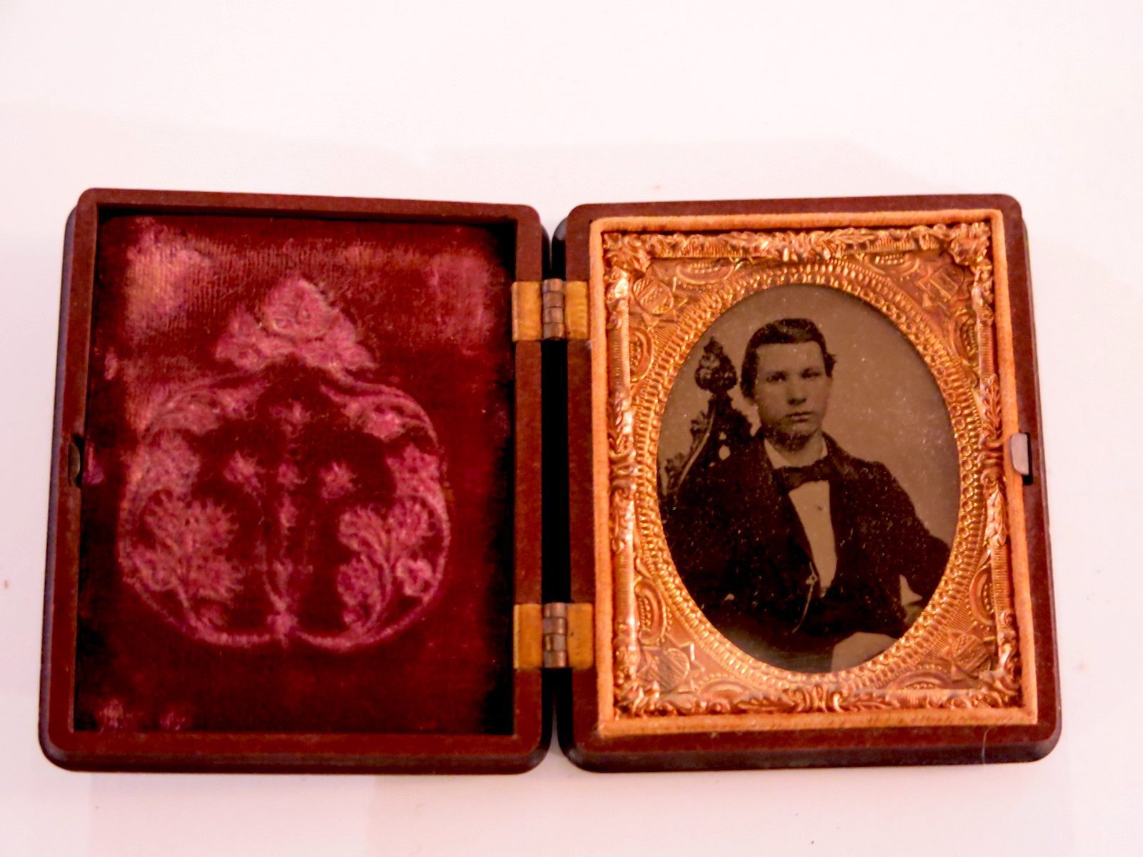 Antique Hand Tinted Tintype of Young Man in Gutta Percha Case