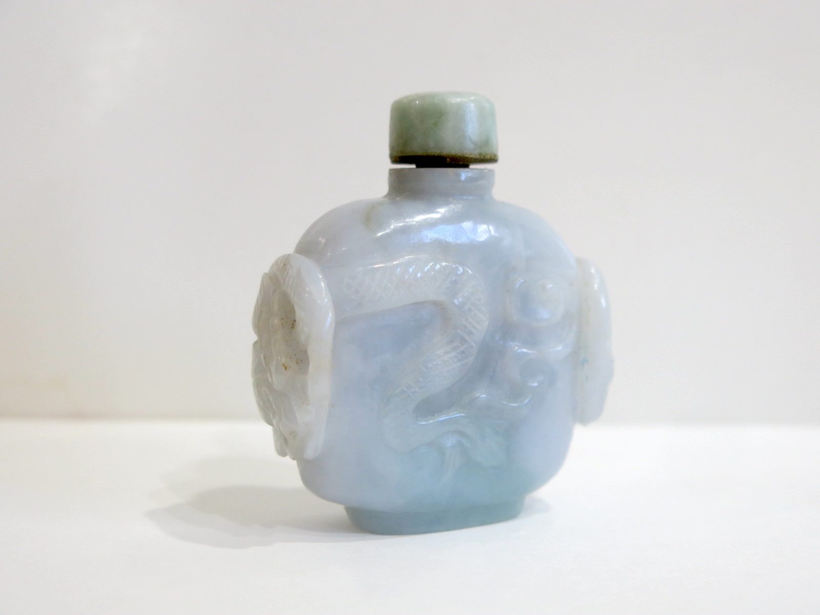 Chinese Snuff Bottle Sea Serpent Carved White Jade