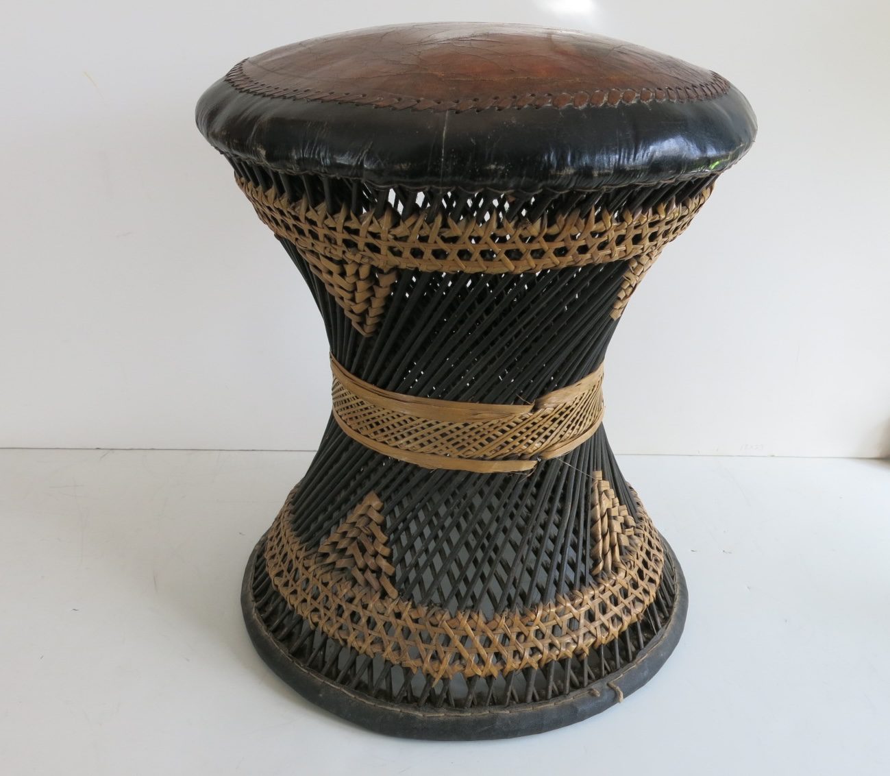 Vintage Anglo Indian Leather and Wicker Pouf Stool