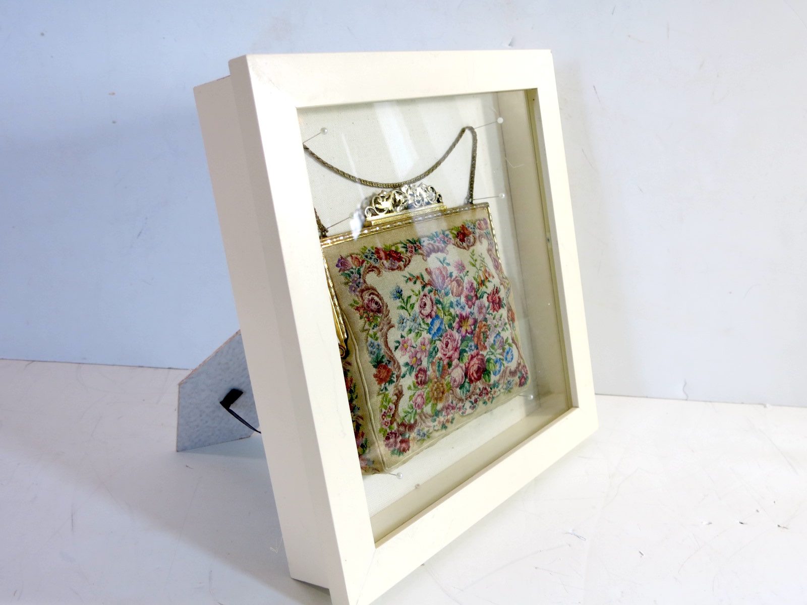 Floral on Beige Needlepoint Purse, Frame Mounted with Change Purse & Mirror