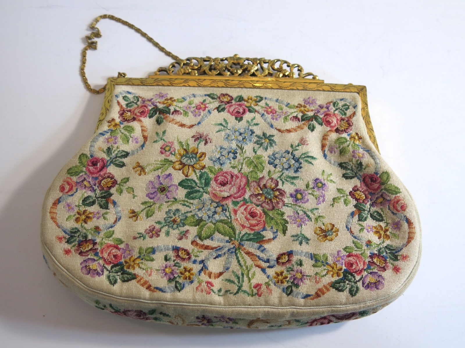 Floral on Beige Needlepoint Purse with Change Purse