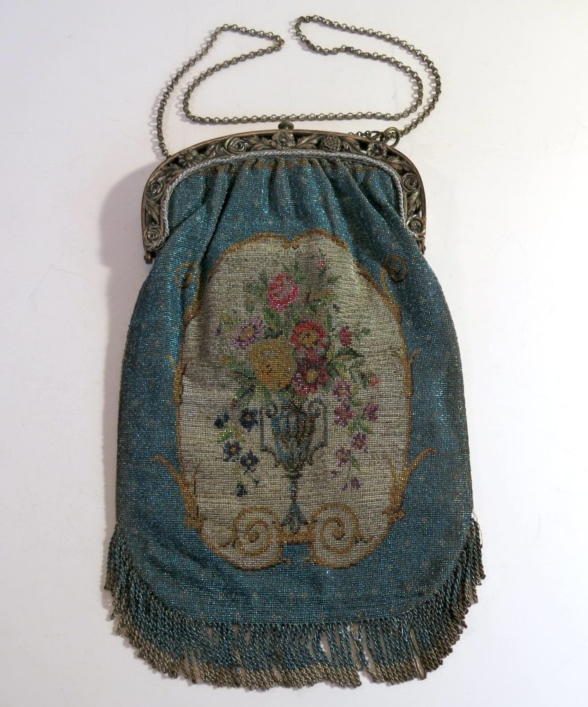 Antique French Fringed Petit Point Steel Bead and Marcasite Purse