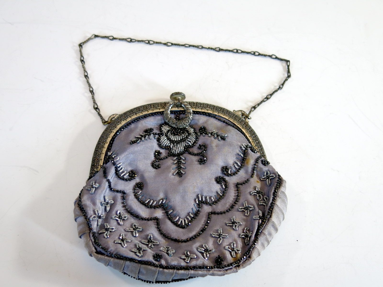 Antique Petit Point Steel Bead and Marcasite Purse with Change Purse and Mirror