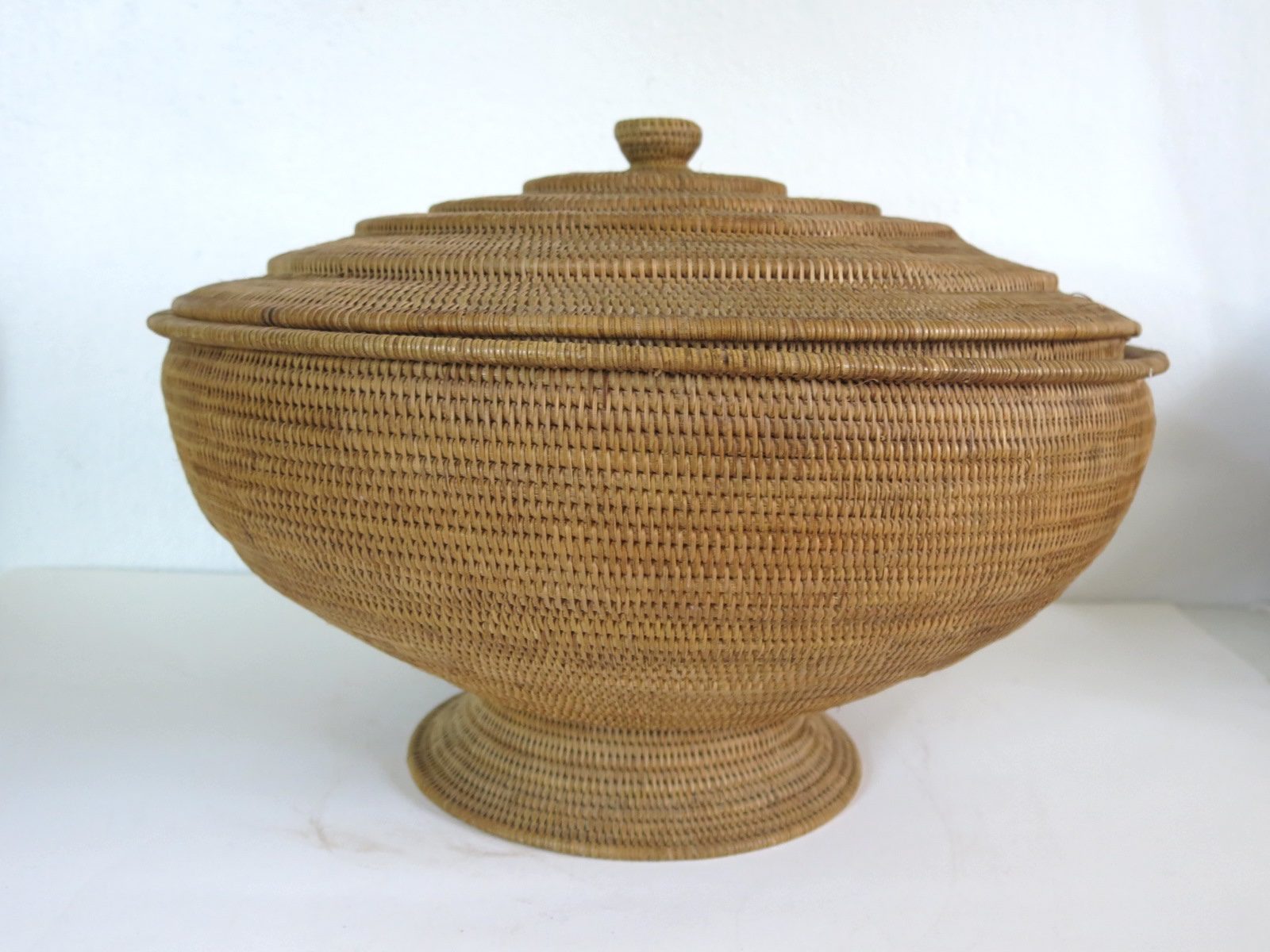 Large Malaysian Intricately Woven Rattan Lidded Basket